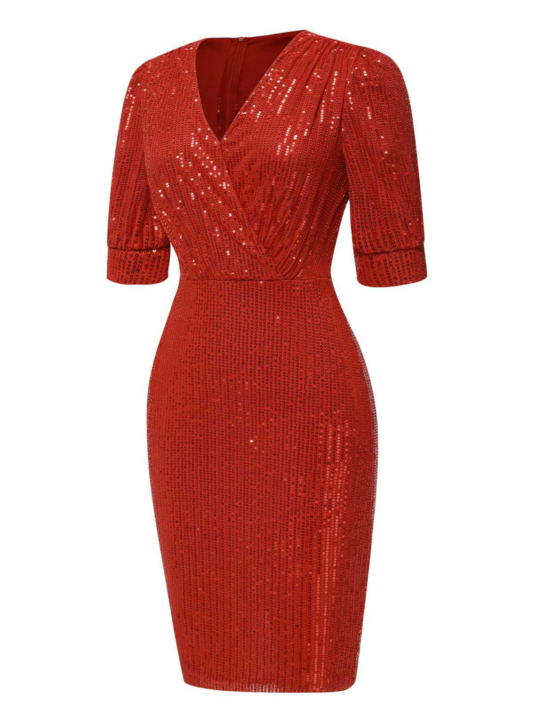 1960er V-Ausschnitt Pailletten Halbe Ärmel Bodycon Kleid