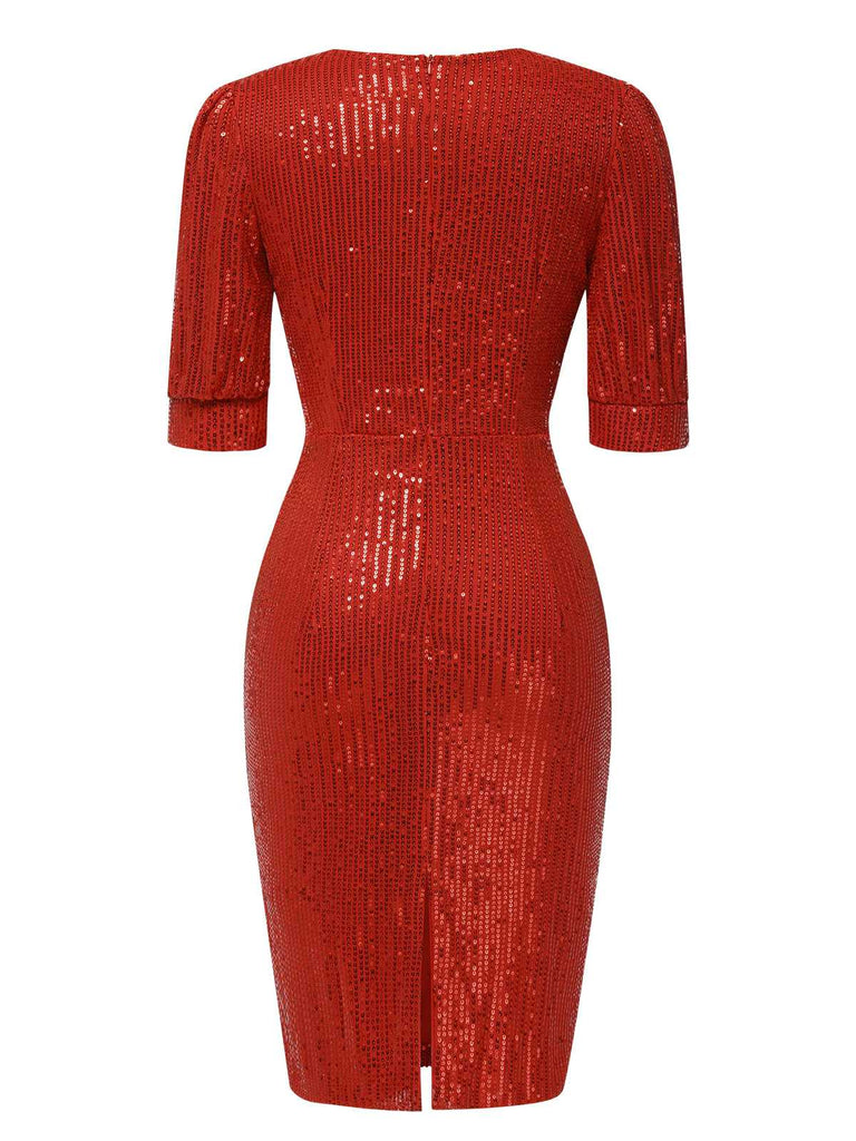 1960er V-Ausschnitt Pailletten Halbe Ärmel Bodycon Kleid