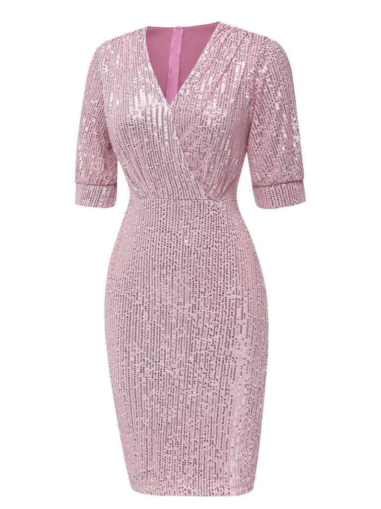 1960er V-Ausschnitt Pailletten Halbe Ärmel Bodycon Kleid