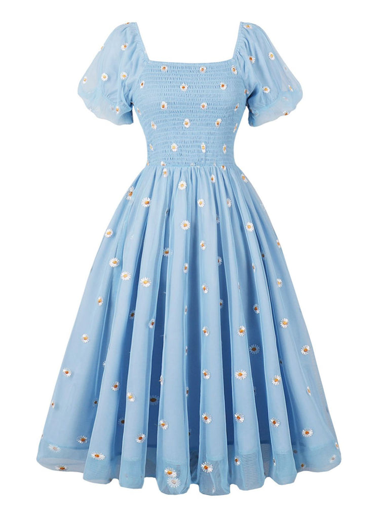 Hellblau 1950er Flügelärmel Blumen Kleid