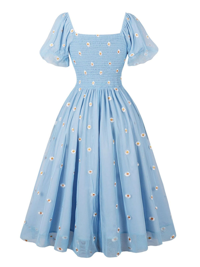 Hellblau 1950er Flügelärmel Blumen Kleid