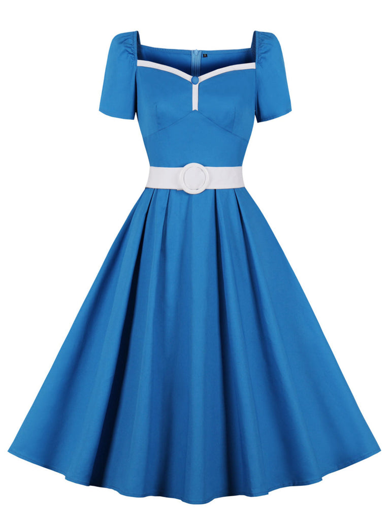 Blau 1950er Solide Sweetheart Gürtel Kleid