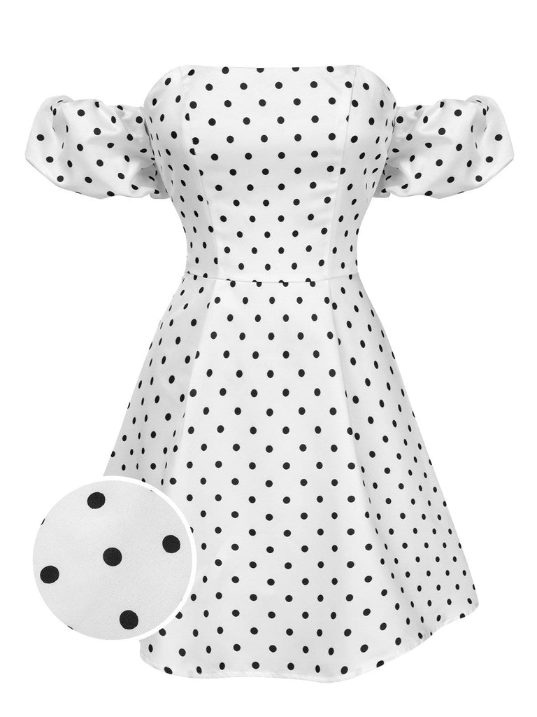 Weiß 1950er Schulterfrei Polka Dots Kleid