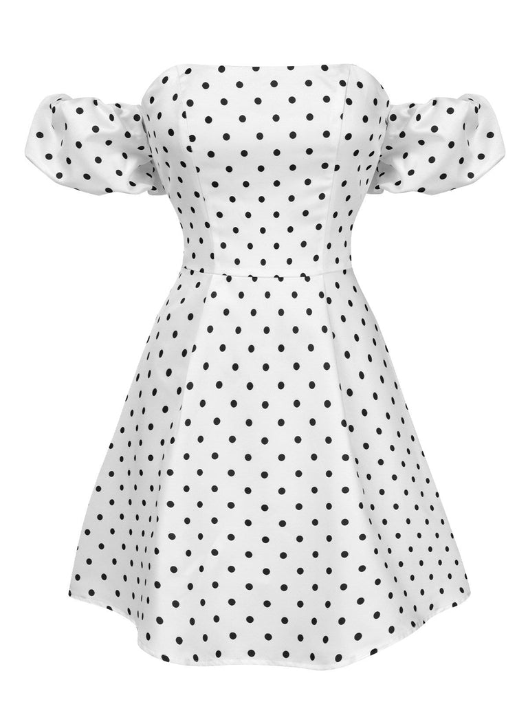 Weiß 1950er Schulterfrei Polka Dots Kleid