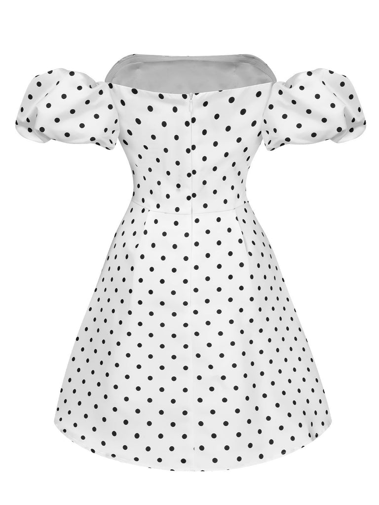 Weiß 1950er Schulterfrei Polka Dots Kleid