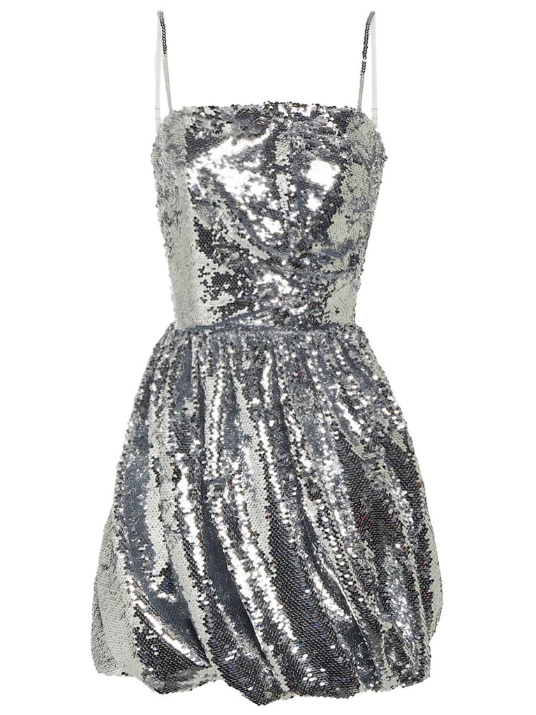 Silber 1970er Spaghetti Träger Pailletten Tutu Kleid