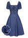 Blau 1950er Quadratischer Hals Denim Tasten Kleid