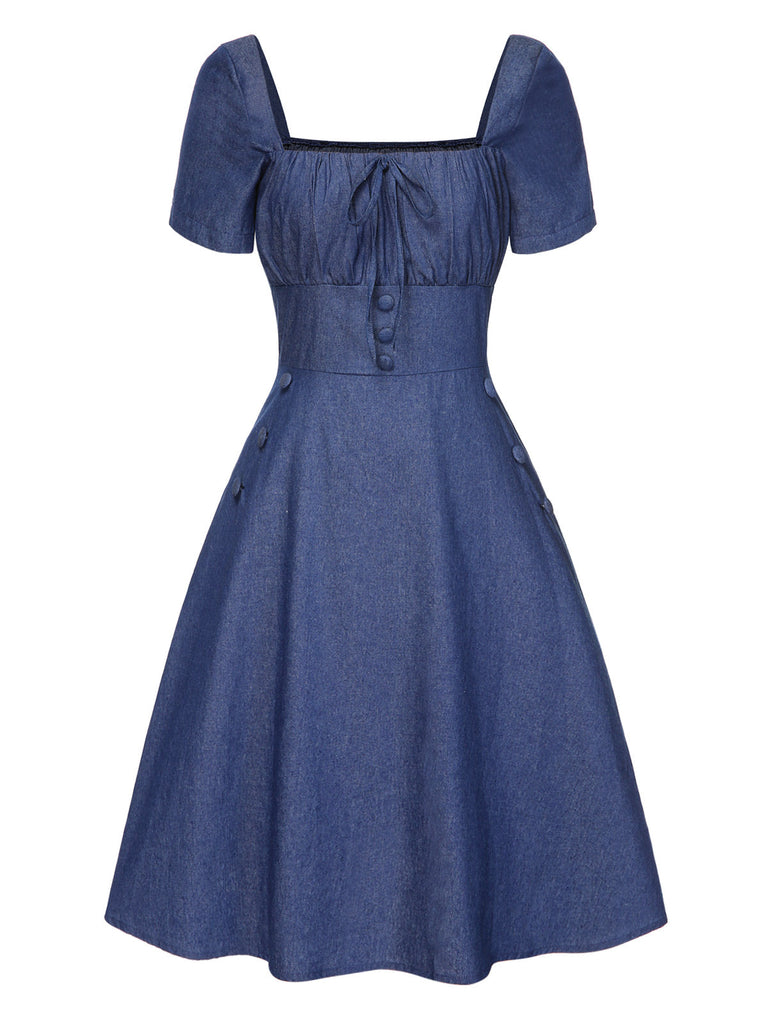 Blau 1950er Quadratischer Hals Denim Tasten Kleid