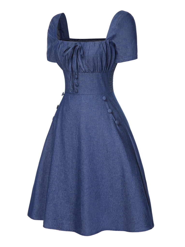 Blau 1950er Quadratischer Hals Denim Tasten Kleid