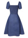 Blau 1950er Quadratischer Hals Denim Tasten Kleid