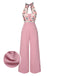 Rosa 1950er Blumen Halter Patchwork Jumpsuit