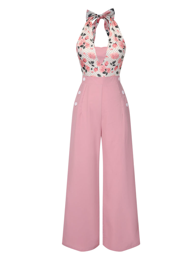 Rosa 1950er Blumen Halter Patchwork Jumpsuit