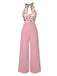 Rosa 1950er Blumen Halter Patchwork Jumpsuit