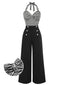 [Vorverkauf] Schwarz 1960er Streifen Strick Patchwork Halter Jumpsuit