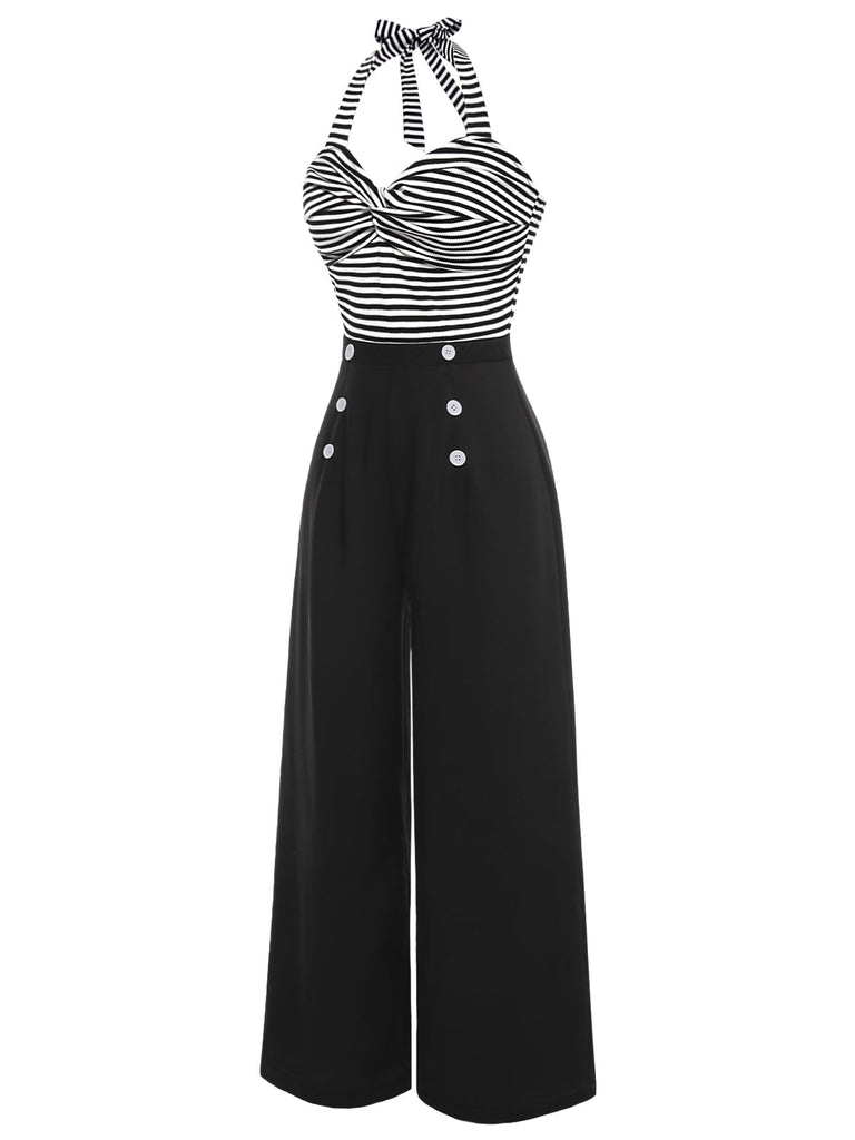 [Vorverkauf] Schwarz 1960er Streifen Strick Patchwork Halter Jumpsuit