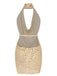 Beige 1970er Tief V-Ausschnitt Pailletten Kleid