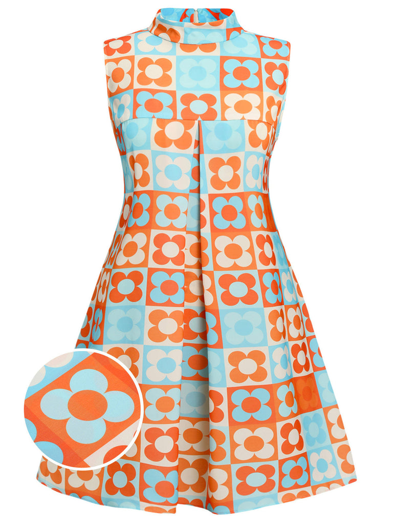 [Vorverkauf] [Übergröße] Orange & Blau 1960er Blumen Stehkragen Kleid