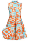 [Vorverkauf] [Übergröße] Orange & Blau 1960er Blumen Stehkragen Kleid