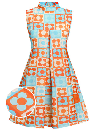 [Vorverkauf] [Übergröße] Orange & Blau 1960er Blumen Stehkragen Kleid