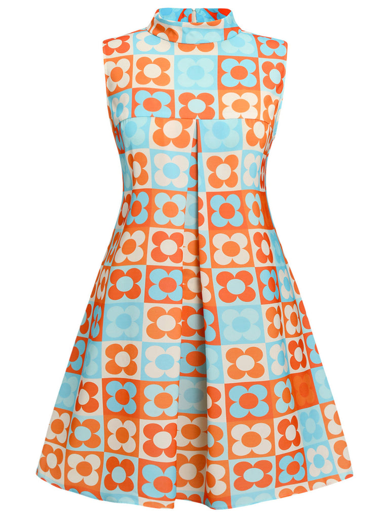 [Vorverkauf] [Übergröße] Orange & Blau 1960er Blumen Stehkragen Kleid