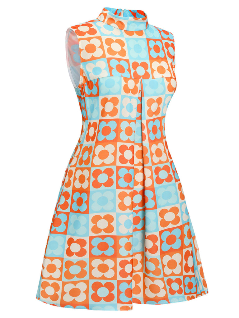 [Vorverkauf] [Übergröße] Orange & Blau 1960er Blumen Stehkragen Kleid