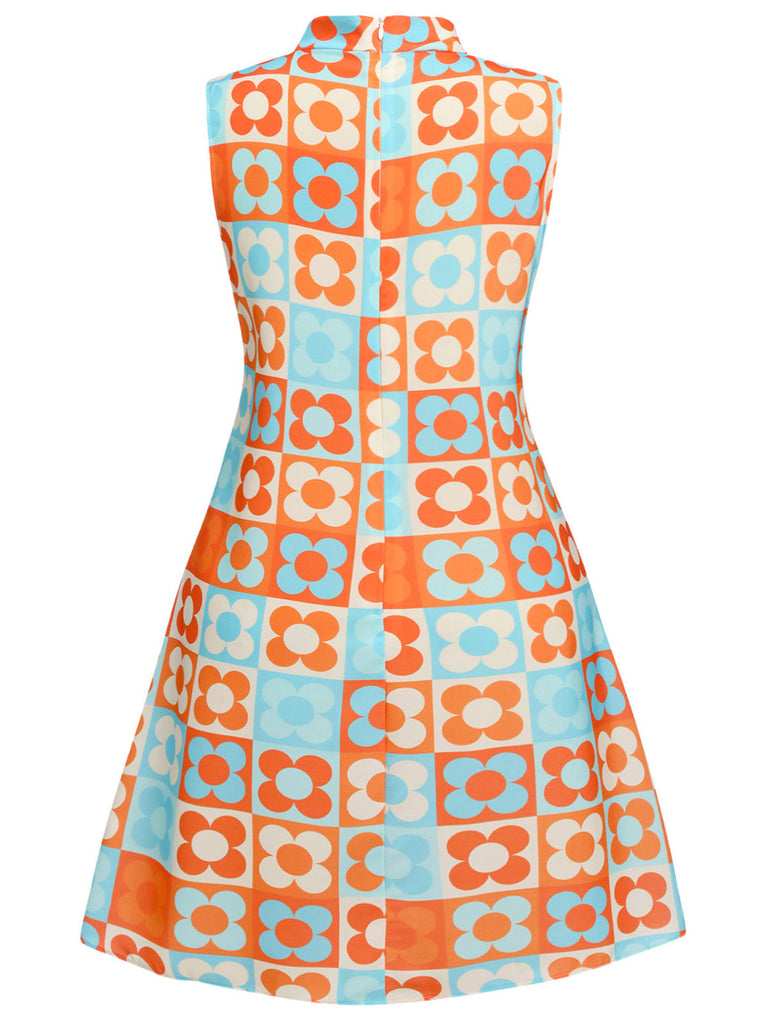 [Vorverkauf] [Übergröße] Orange & Blau 1960er Blumen Stehkragen Kleid