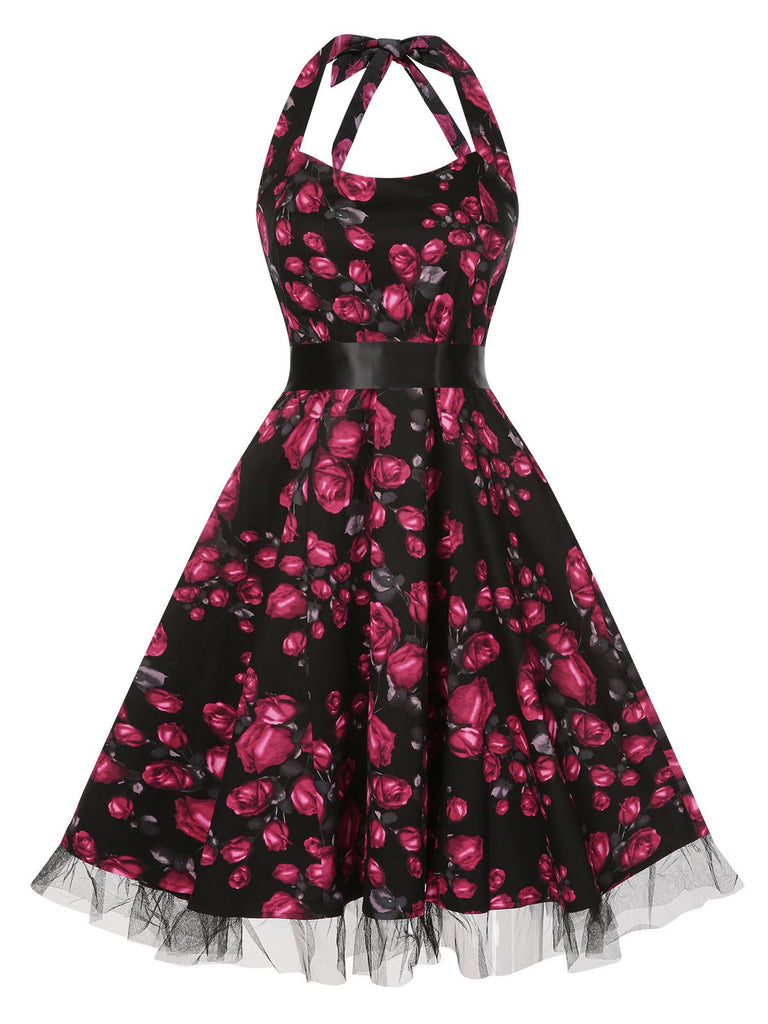 Rot 1950er Blumen Halter Spitze Swing Kleid