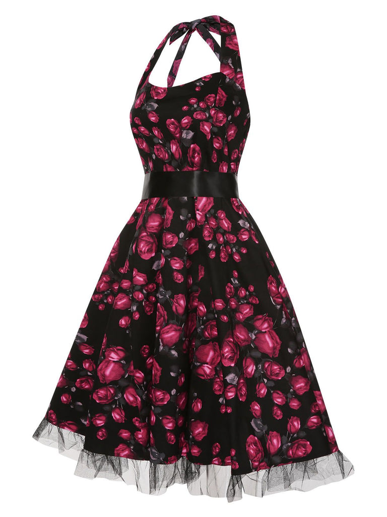 Rot 1950er Blumen Halter Spitze Swing Kleid