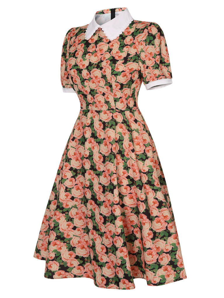 1950er Rose Revers Puffärmel Swing Kleid