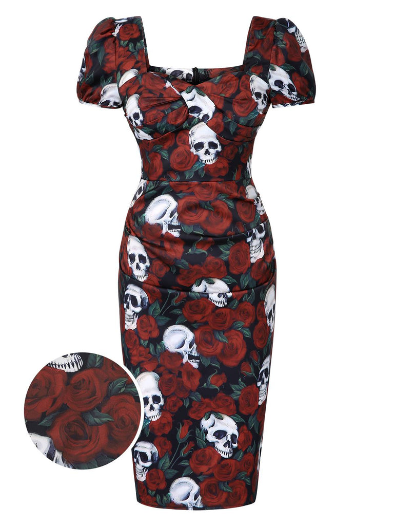 Rot 1960er Halloween Skelett Rose Totenkopf Quadratischer Hals Bleistift Kleid