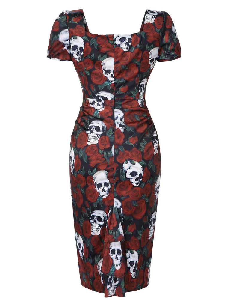 Rot 1960er Halloween Skelett Rose Totenkopf Quadratischer Hals Bleistift Kleid