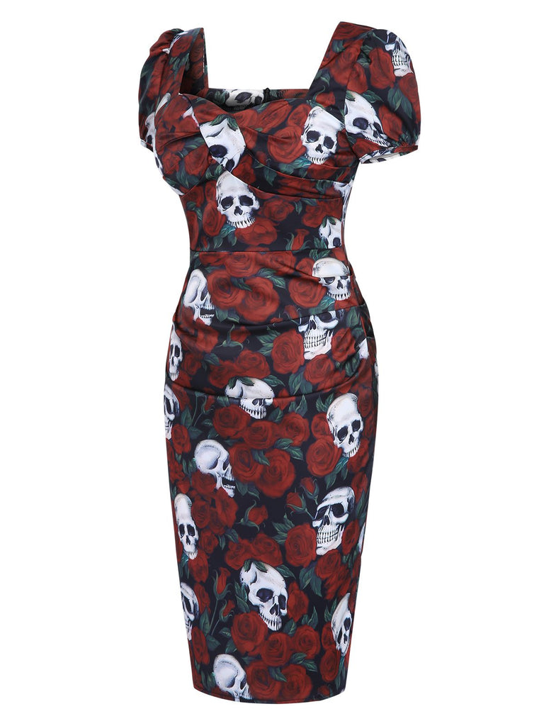 Rot 1960er Halloween Skelett Rose Totenkopf Quadratischer Hals Bleistift Kleid