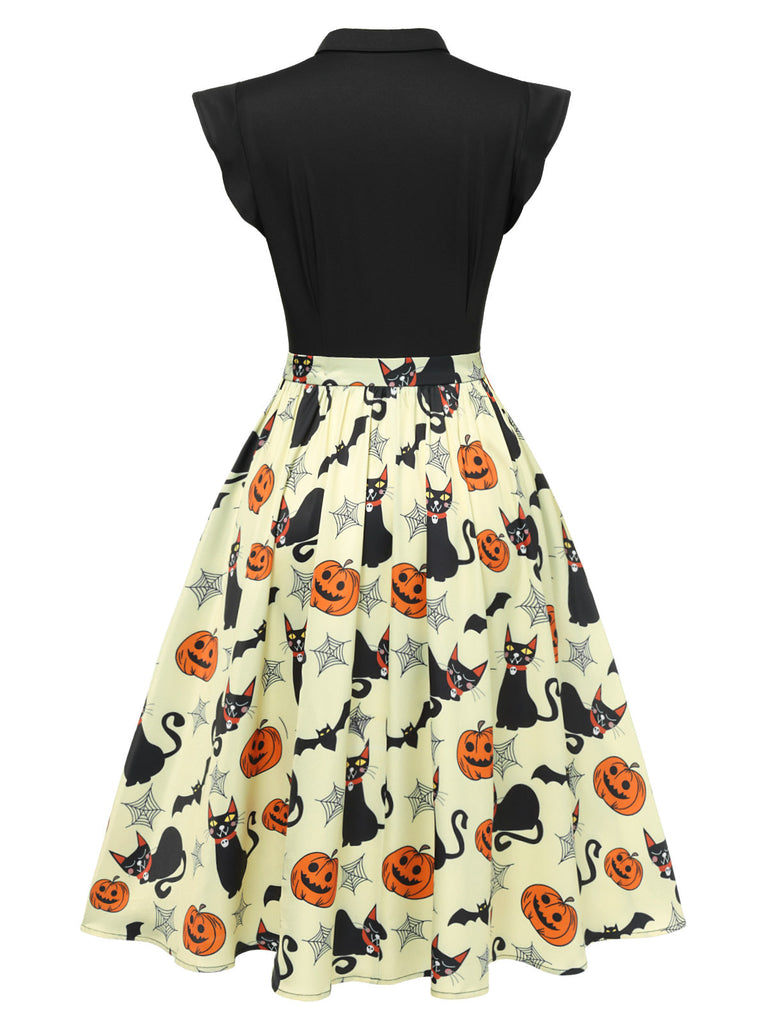 Gelb 1950er Halloween Kürbis Bogen Revers Kleid