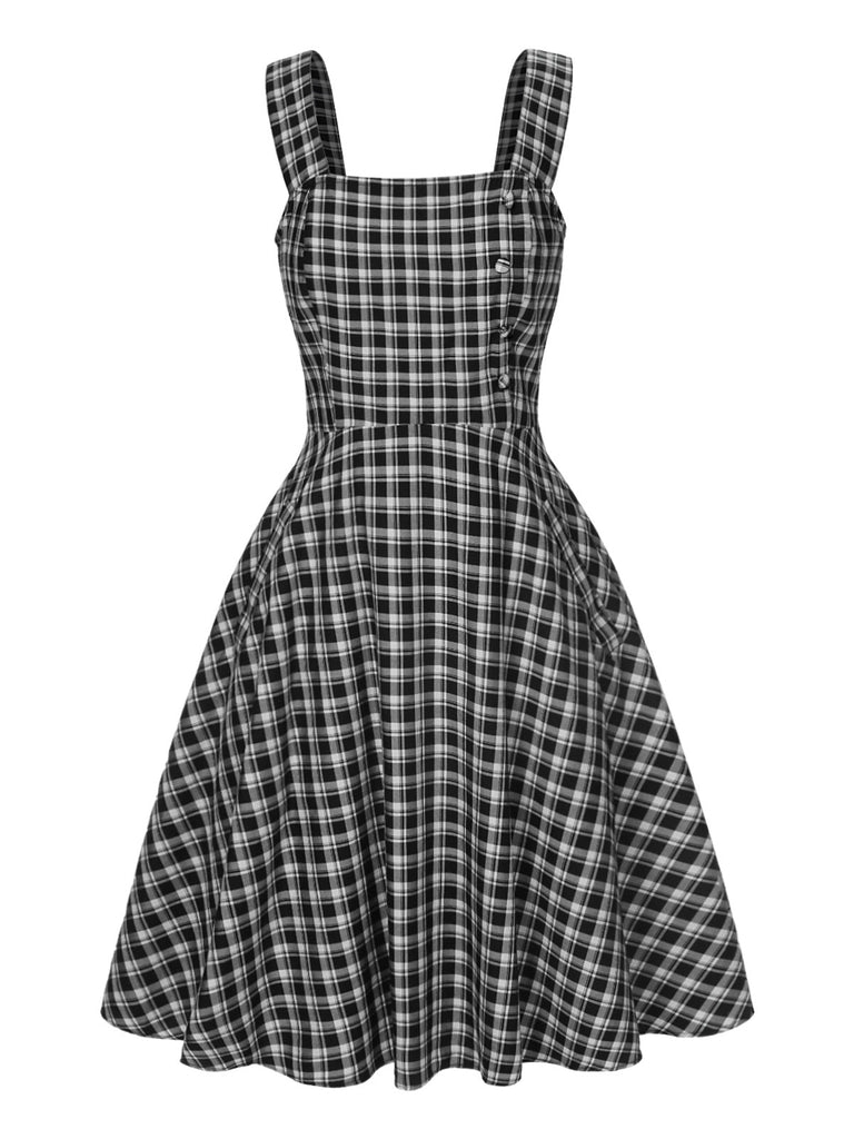 [Vorverkauf] Dunkelgrau 1950er Träger Plaids Ärmellos Kleid