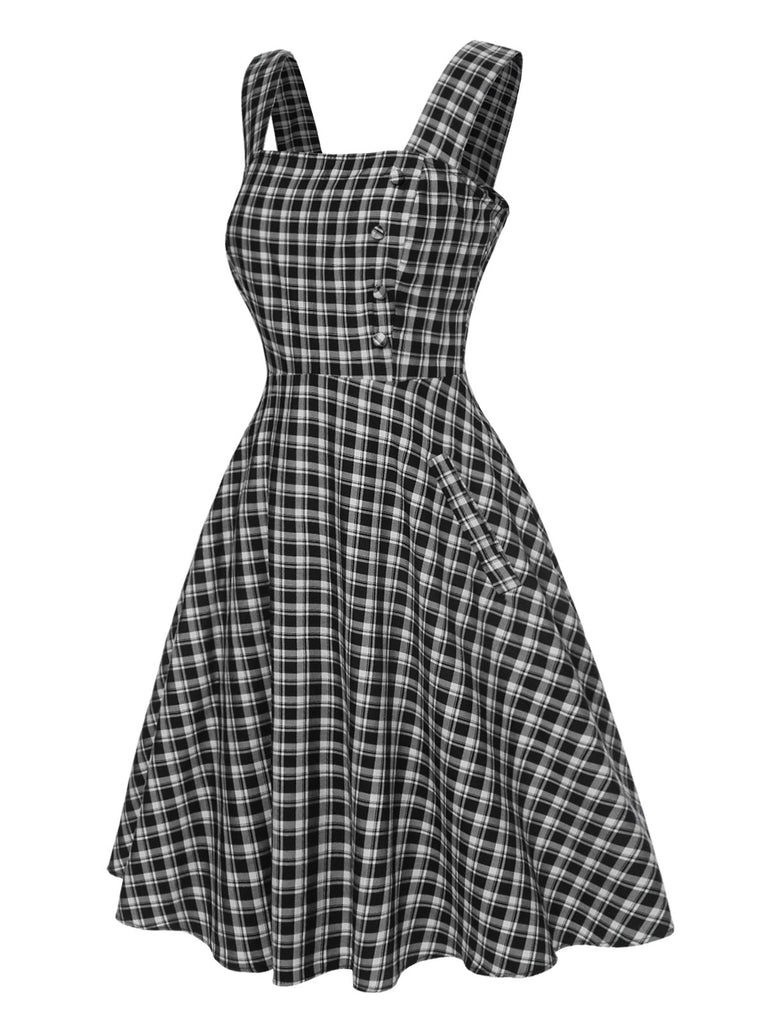 [Vorverkauf] Dunkelgrau 1950er Träger Plaids Ärmellos Kleid