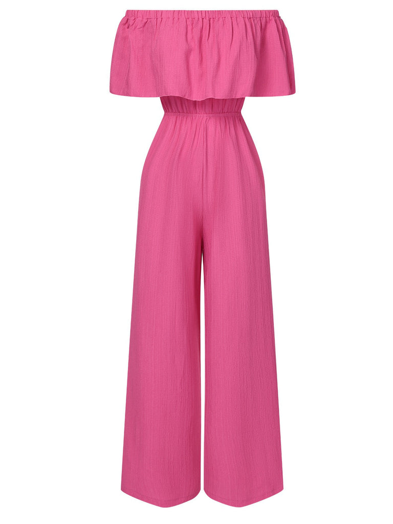 Rosa 1960er Solide Schulterfrei Weites Bein Jumpsuit