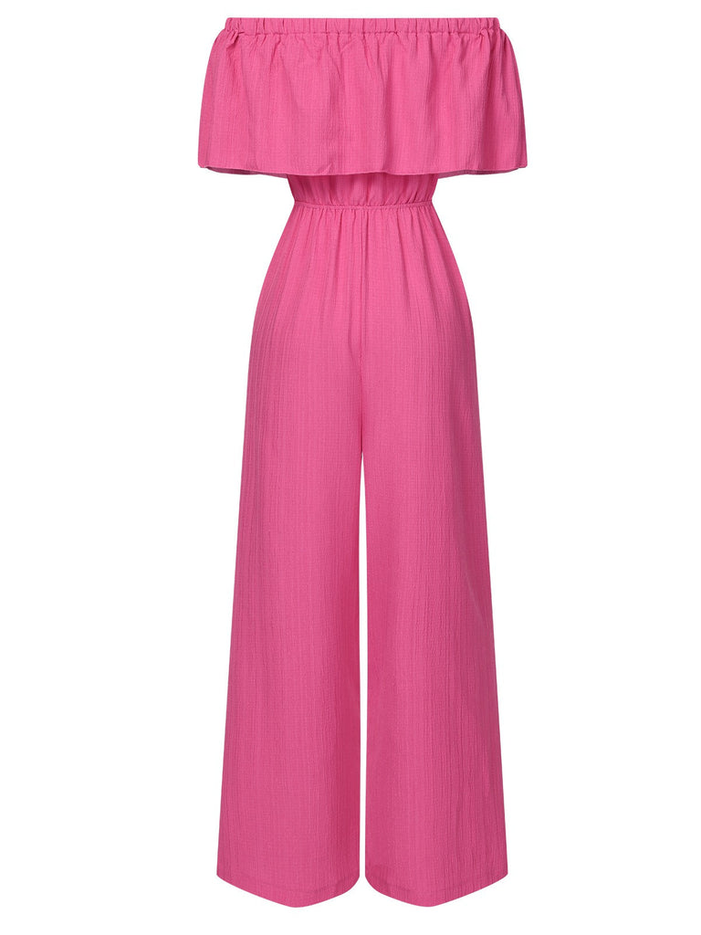 Rosa 1960er Solide Schulterfrei Weites Bein Jumpsuit