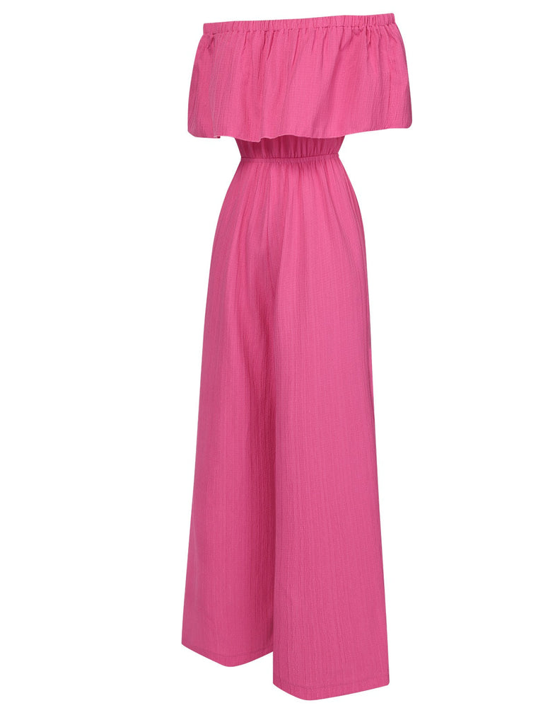 Rosa 1960er Solide Schulterfrei Weites Bein Jumpsuit