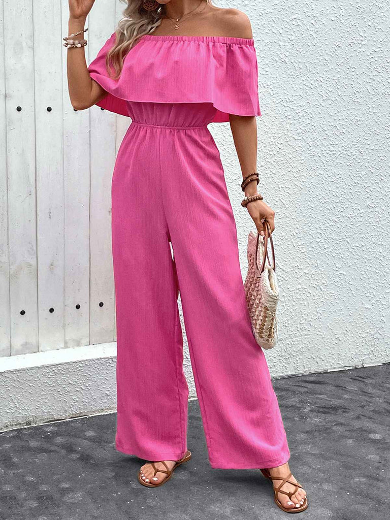 Rosa 1960er Solide Schulterfrei Weites Bein Jumpsuit