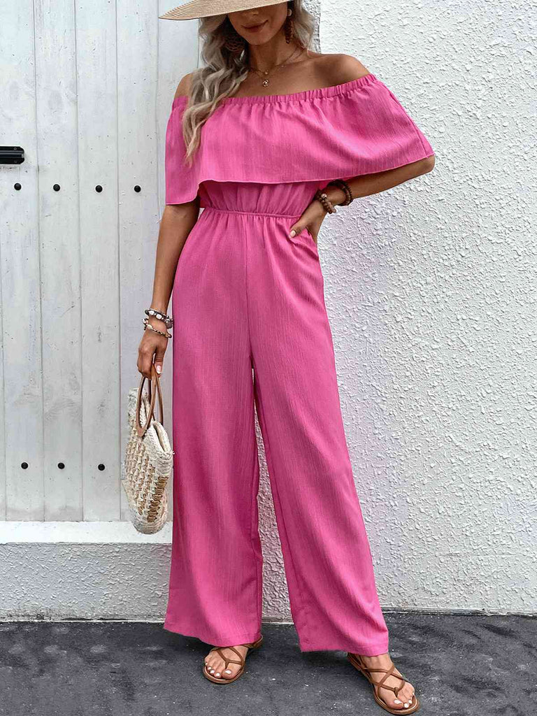 Rosa 1960er Solide Schulterfrei Weites Bein Jumpsuit