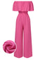 Rosa 1960er Solide Schulterfrei Weites Bein Jumpsuit