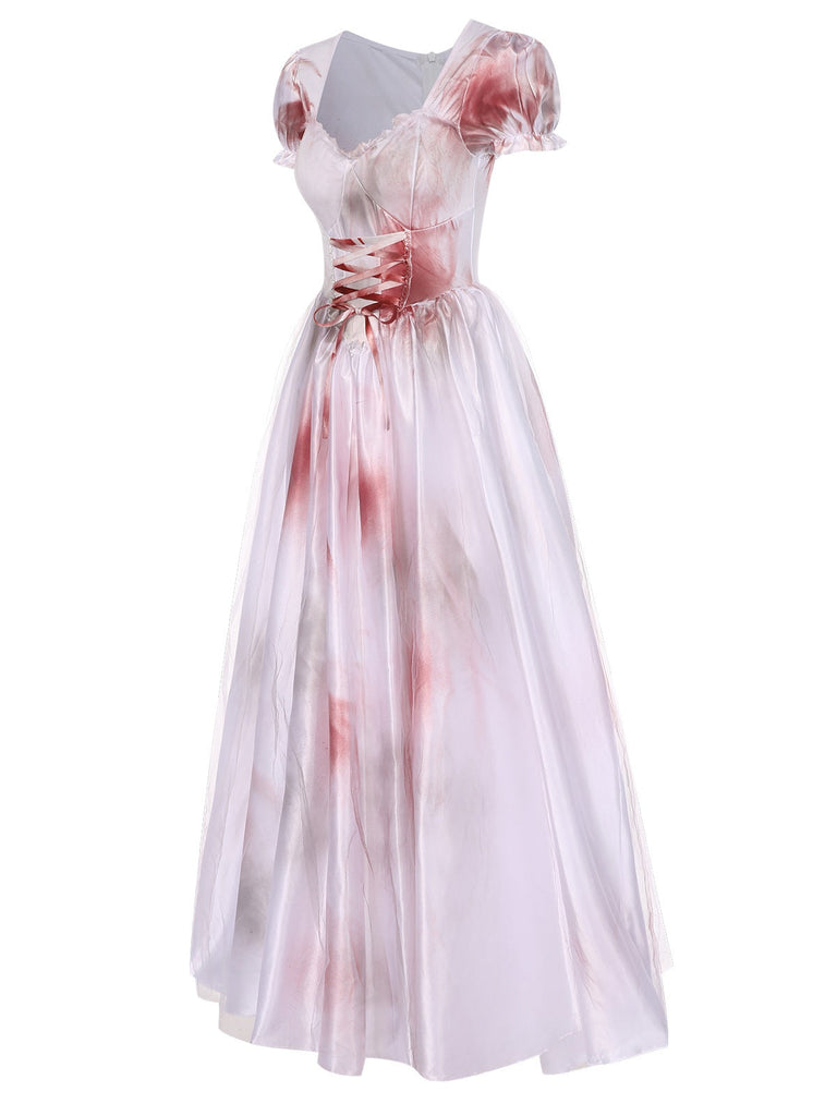 Weiß 1940er Halloween Zombie Braut Blutflecken Schnürung Kleid