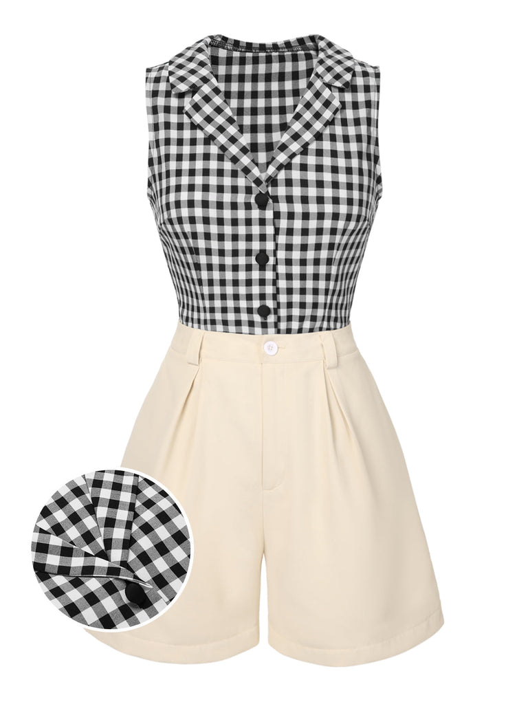 [Vorverkauf] 2PCS 1940er Revers Gingham Top & Solide Shorts