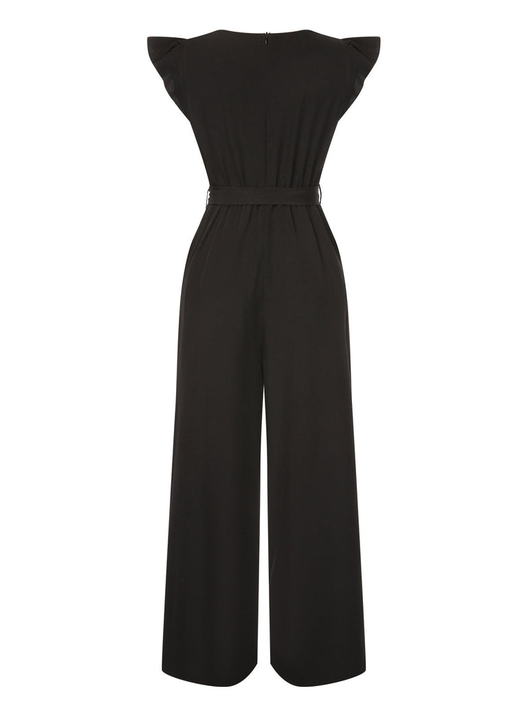 Schwarz 1930er Solide Rüschenärmel Gürtel Jumpsuit