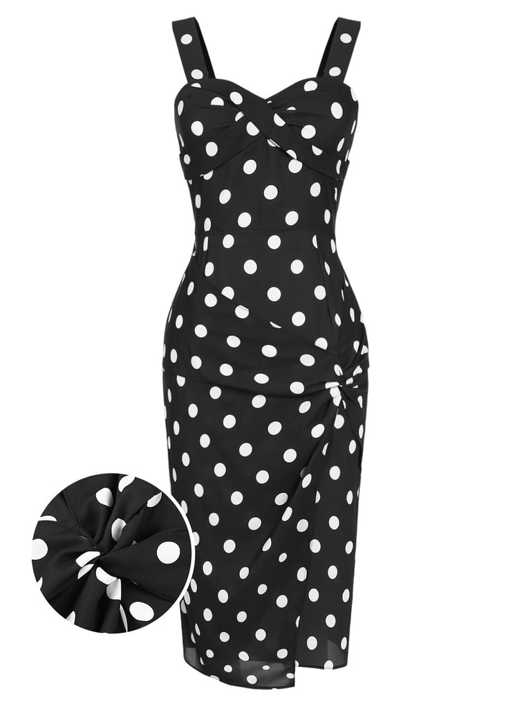 [Vorverkauf] Schwarz 1960er Polka Dots Plissiertes Bleistiftkleid