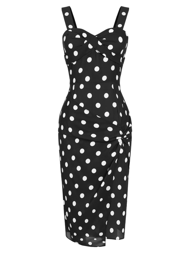 [Vorverkauf] Schwarz 1960er Polka Dots Plissiertes Bleistiftkleid