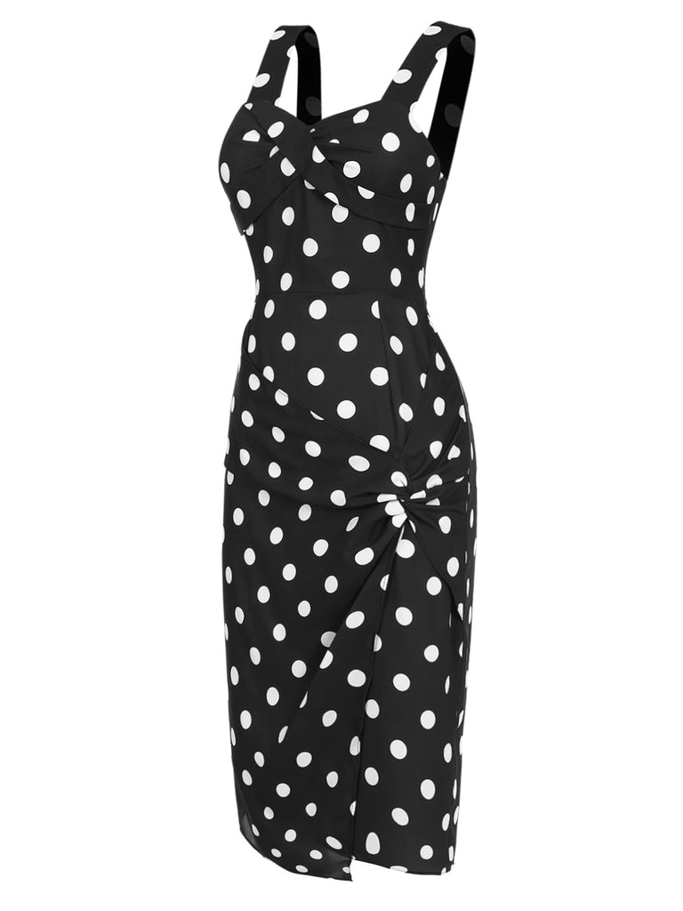 [Vorverkauf] Schwarz 1960er Polka Dots Plissiertes Bleistiftkleid