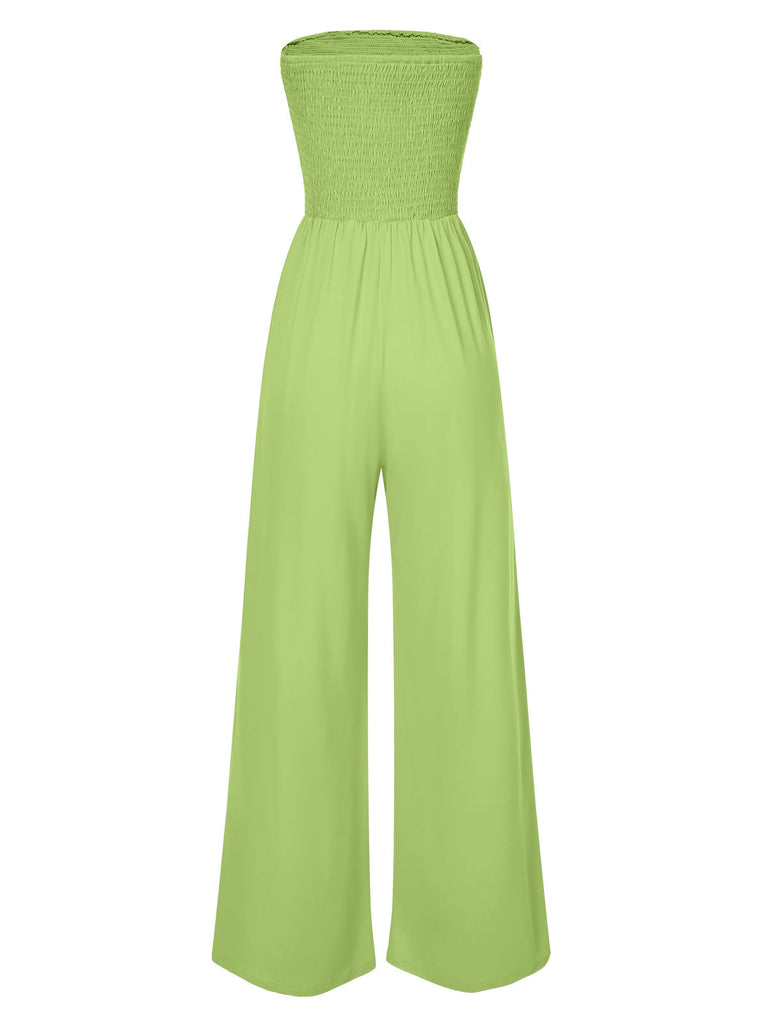 1970er Solide Ärmellos Gesmokt Bandeau Jumpsuit