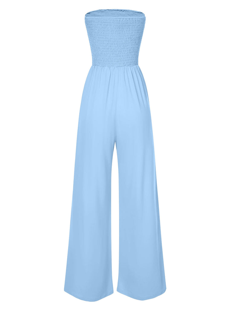 1970er Solide Ärmellos Gesmokt Bandeau Jumpsuit