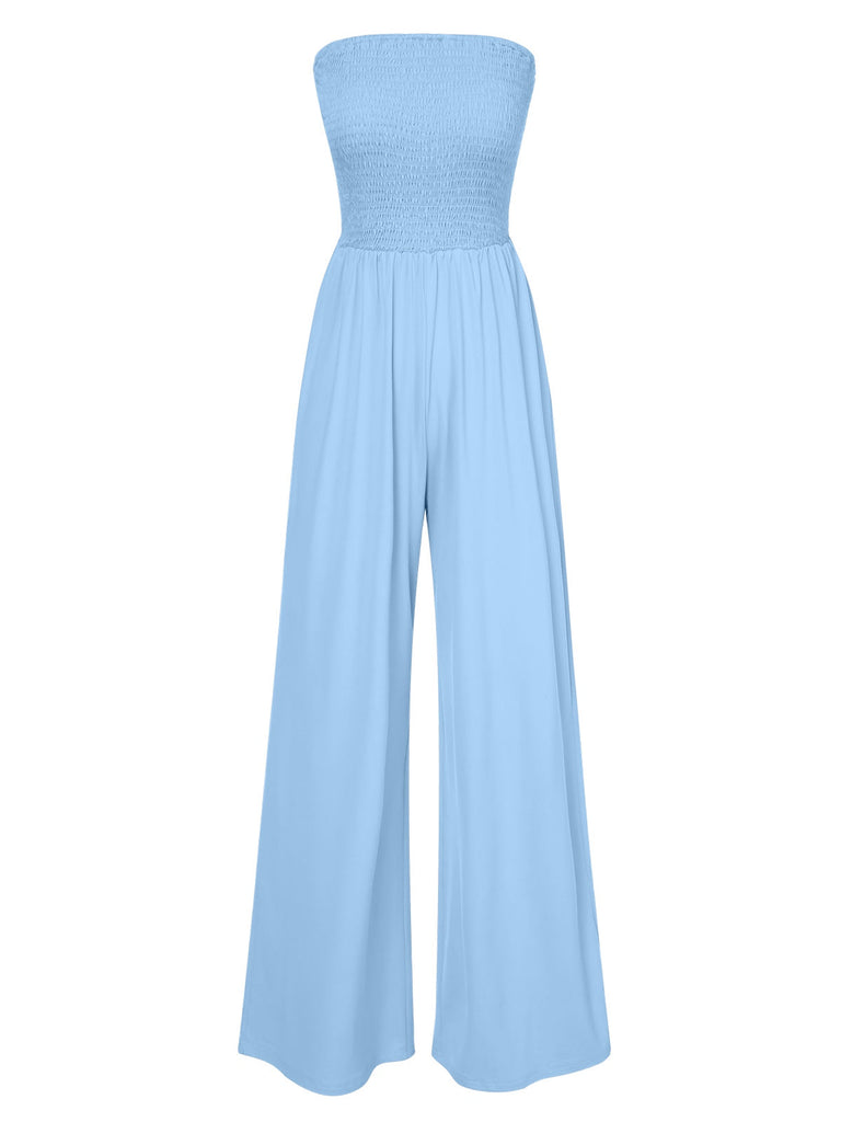 1970er Solide Ärmellos Gesmokt Bandeau Jumpsuit